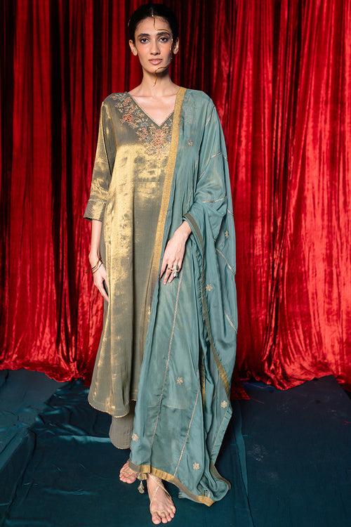 Grey and Vintage Gold Tissue Kurta Set