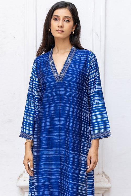 Classic Blue Silk Hand Made Tussar Silk Shibori Co-ord Set