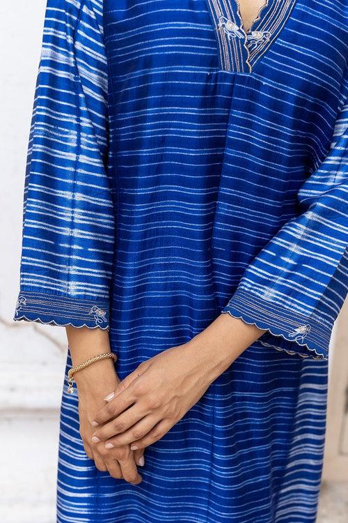 Classic Blue Silk Hand Made Tussar Silk Shibori Co-ord Set