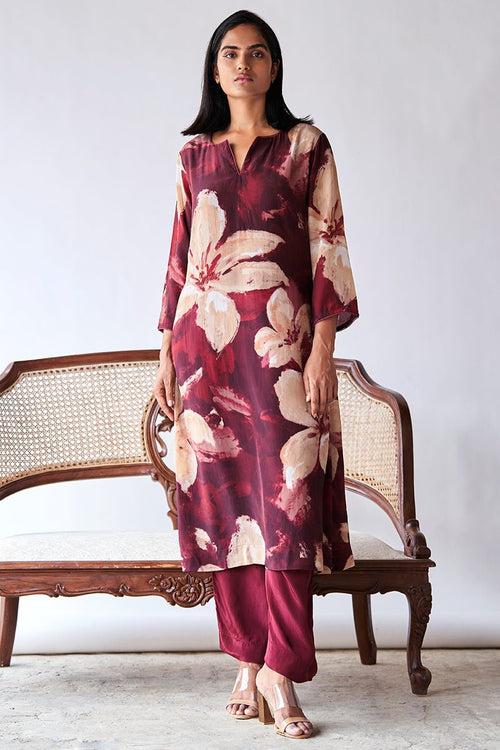 Maroon and Beige Bemberg Silk Printed Co-ord Set