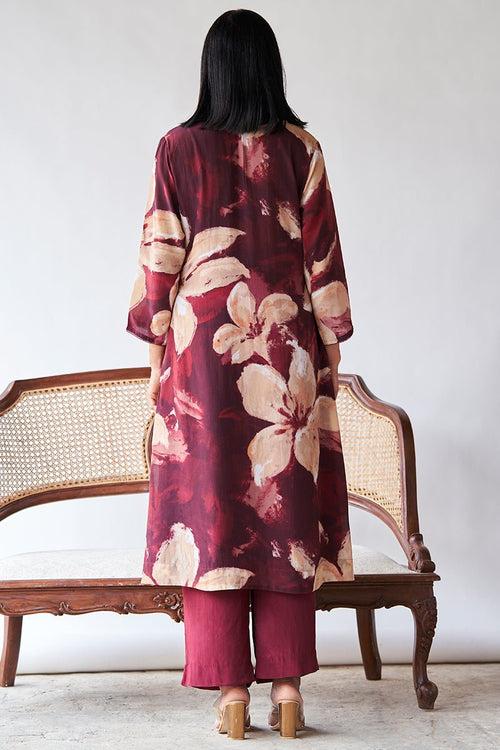 Maroon and Beige Bemberg Silk Printed Co-ord Set