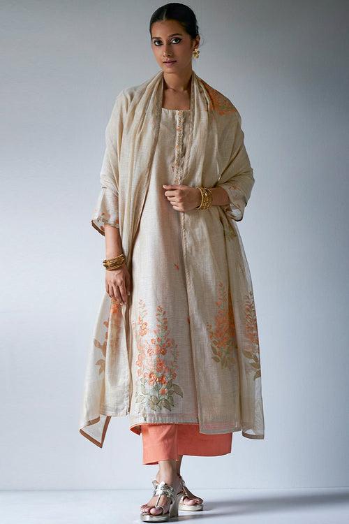 Beige Woven Kurta Suit Set With Delicate Hand Work Detailing and Embroidery Placket