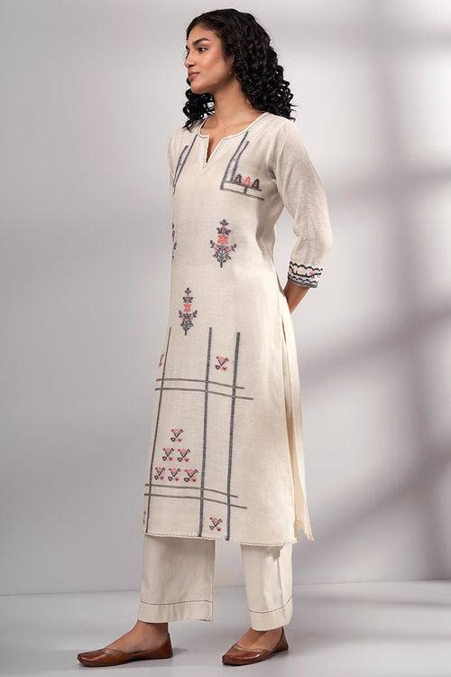 Cream Woven Cotton Linen Kurta With Cotton Bottom