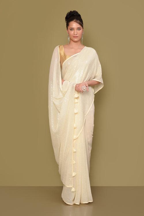 Designer Cream Georgette Saree