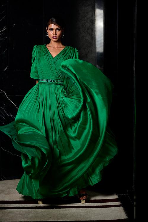 Green Color Silk Blend Gown