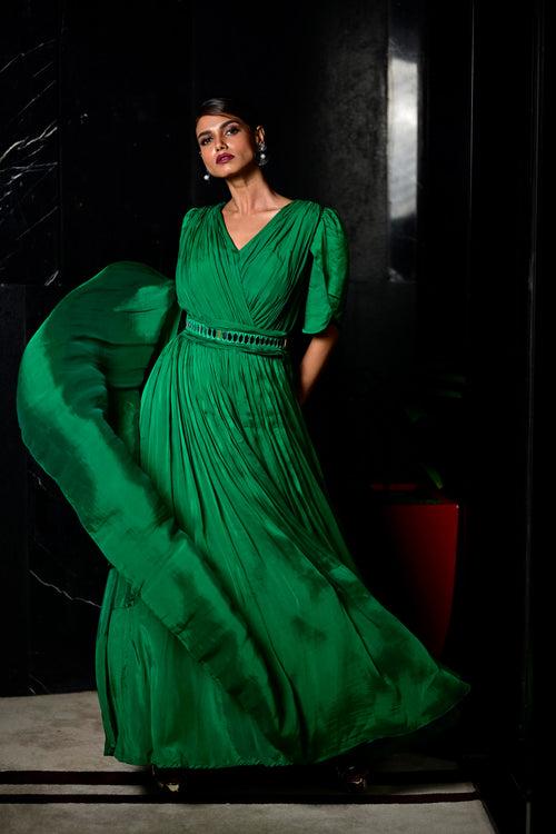 Green Color Silk Blend Gown