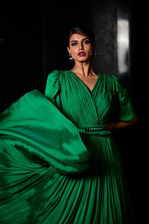 Green Color Silk Blend Gown