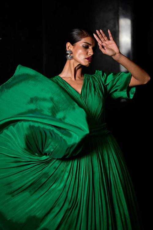 Green Color Silk Blend Gown