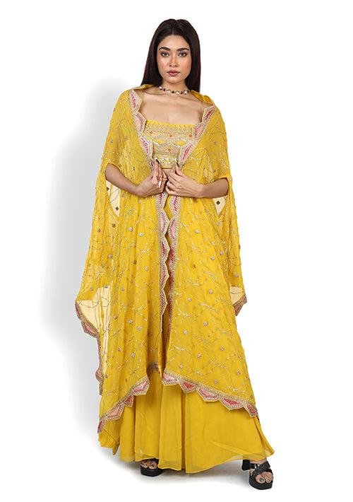 Buy Casual  Plazzoo set with cape In Yellow Color At Online Simaaya