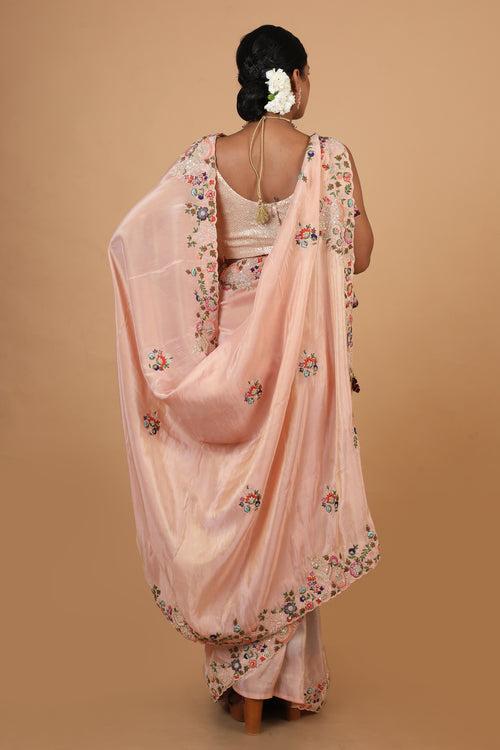 Buy Party Wear Designer Saree In Peach Color At Online Simaaya