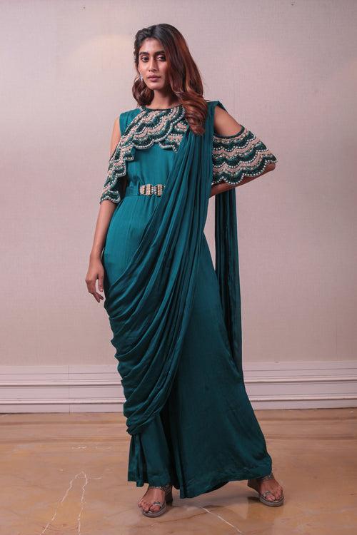 Designer Teal Embellished Crepe Silk Drape saree