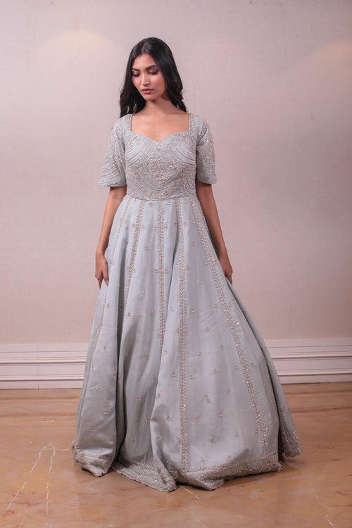 Designer Grey Raw Silk Gown