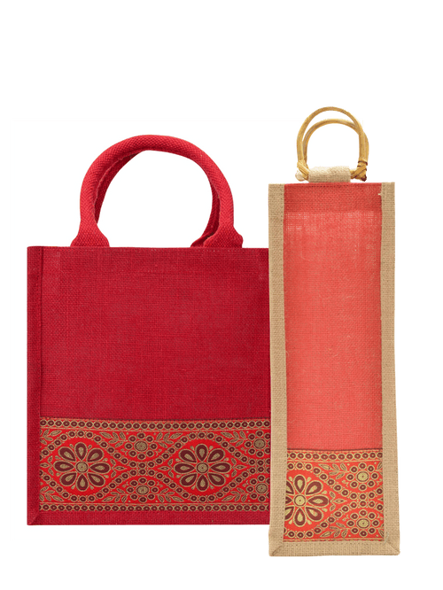 Combo of 11X10 LACE ZIPPER LUNCH (B-254-RED) and BOTTLE BAG WITH LACE / PRINT (B-010-RED)