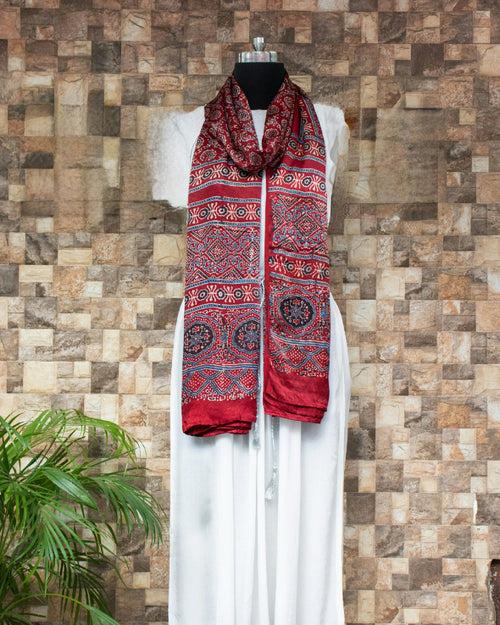 Nakshi Hand Block Ajrakh Printed Modal Silk Red Coloured Dupatta