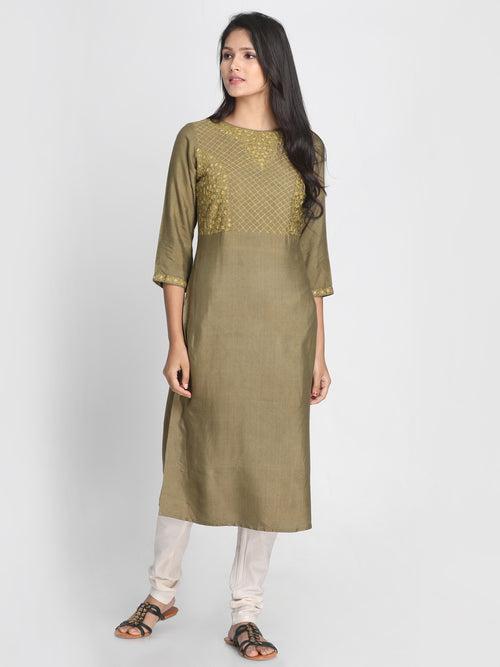 Nakshi Women Olive Green Solid A-Line Kurti