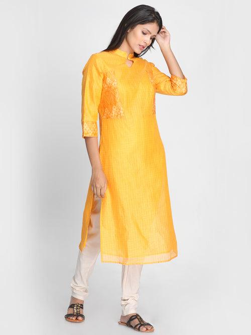 Nakshi Women Yellow Keyhole Neck Chanderi Silk Handloom Kurti