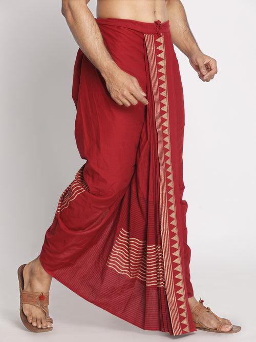 Nakshi Maroon Rayon Geometric Pattern Hand Block Print Dhoti