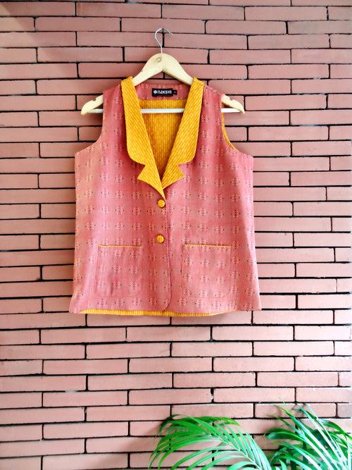 Nakshi Peach & Yellow Cotton Lining Women's Sleeveless jacket With Front Pocket Details