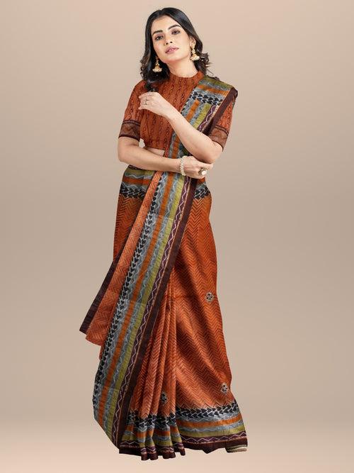 Nakshi Burnt Orange Geometric Hand Printed Tussar Silk Saree With Zari Embroidery & Dabka Work