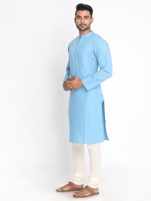 Nakshi Sky Blue Solid Cotton Linen Long Kurta