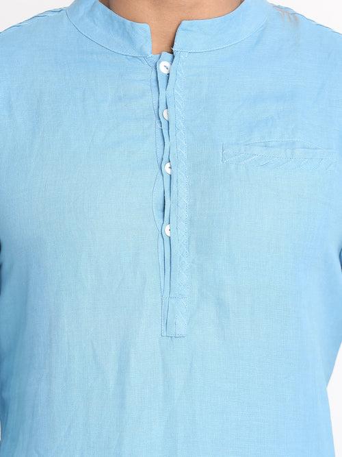 Nakshi Sky Blue Solid Cotton Linen Long Kurta