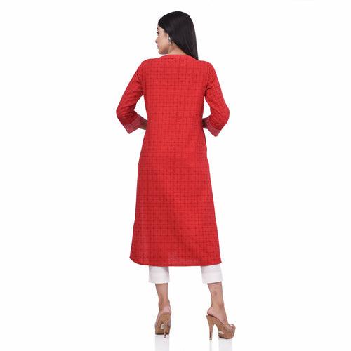 Nakshi Red Cotton Yoke Pattern Thread Embroidery & Hand Block Print Women's A-line Kurti