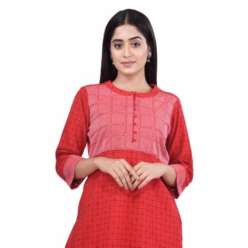 Nakshi Red Cotton Yoke Pattern Thread Embroidery & Hand Block Print Women's A-line Kurti