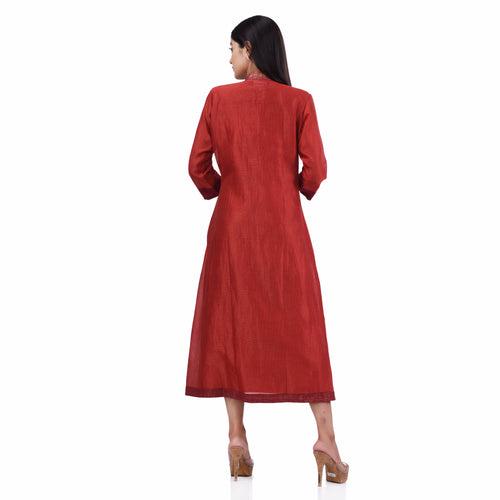 Nakshi Red Cotton Linen and Zari chanderi Hand Block Print Women's Ethnic Dress/kurti