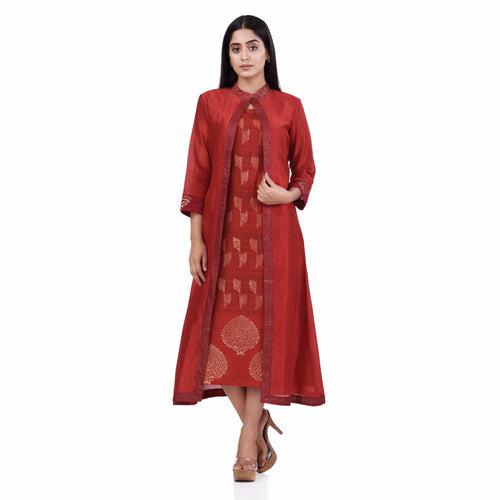 Nakshi Red Cotton Linen and Zari chanderi Hand Block Print Women's Ethnic Dress/kurti