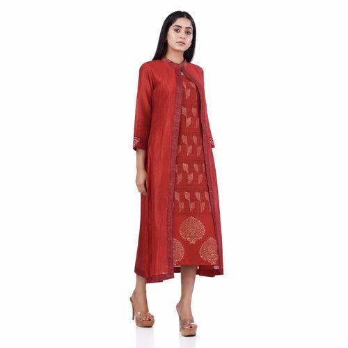 Nakshi Red Cotton Linen and Zari chanderi Hand Block Print Women's Ethnic Dress/kurti