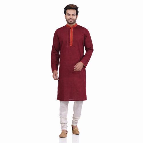 Nakshi Maroon Cotton Linen Gold Zari Stitched Hand Block Print Men's Long Kurta