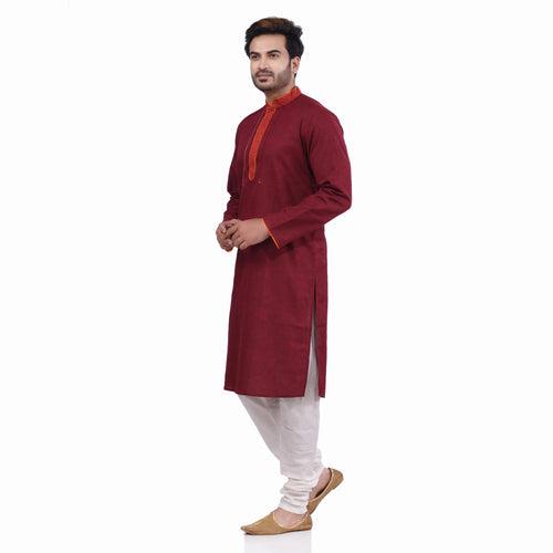 Nakshi Maroon Cotton Linen Gold Zari Stitched Hand Block Print Men's Long Kurta