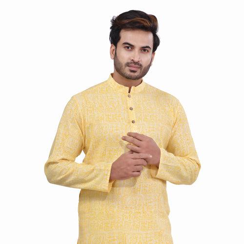 Nakshi Yellow Cotton Linen Handblock Print Men's Long Kurta