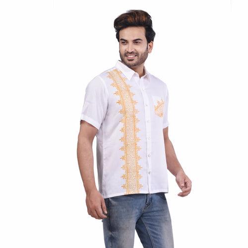 Nakshi White Cotton Satin Hand Block Print Men's Half Shirt