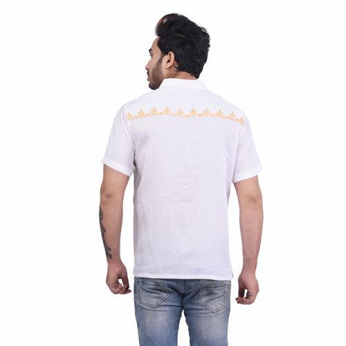 Nakshi White Cotton Satin Hand Block Print Men's Half Shirt