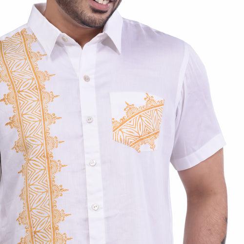 Nakshi White Cotton Satin Hand Block Print Men's Half Shirt