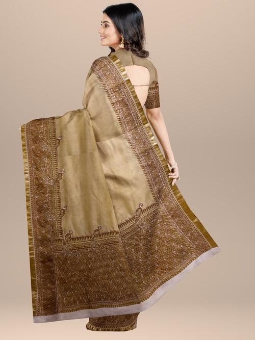 Nakshi Dark Beige Hand Printed Silk Brocade Saree With Zari Embroidery & Dabka Work