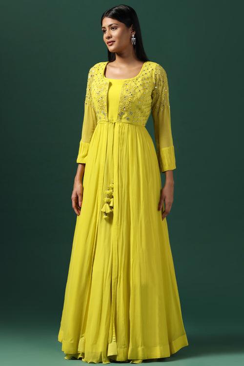 YELLOW ANARKALI WITH EMBROIDERED CAPE