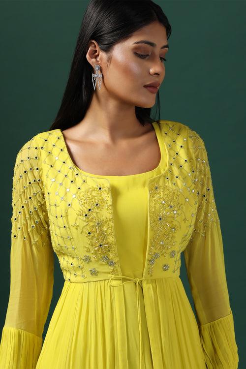 YELLOW ANARKALI WITH EMBROIDERED CAPE