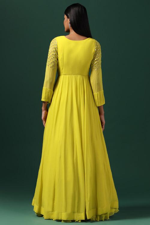 YELLOW ANARKALI WITH EMBROIDERED CAPE