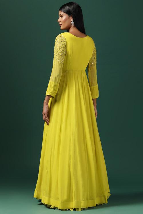 YELLOW ANARKALI WITH EMBROIDERED CAPE