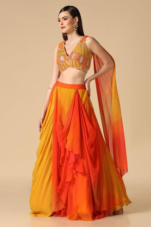 Yellow & Orange Embroidered Ombre Lehenga Set