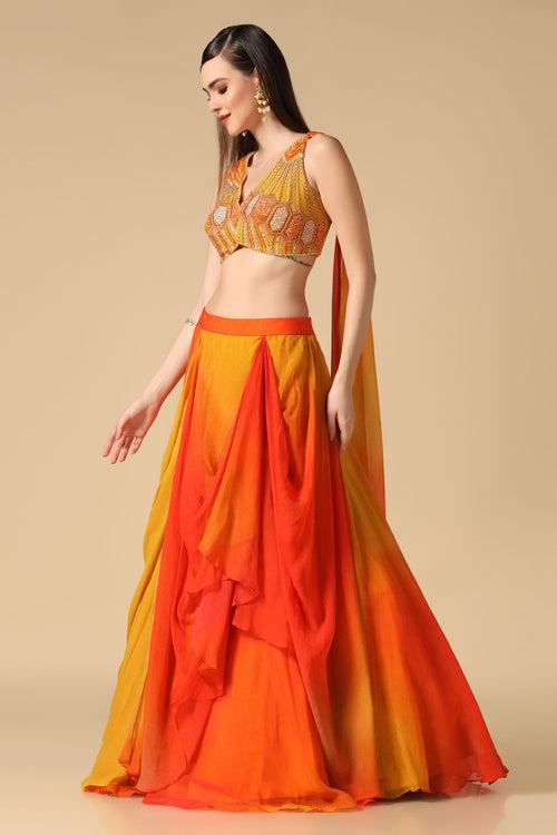 Yellow & Orange Embroidered Ombre Lehenga Set