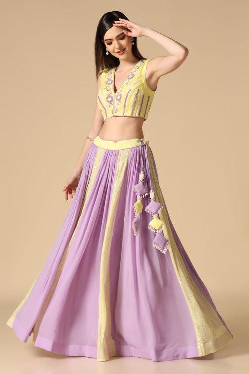 Lilac & Yellow Embroidered Lehenga Set