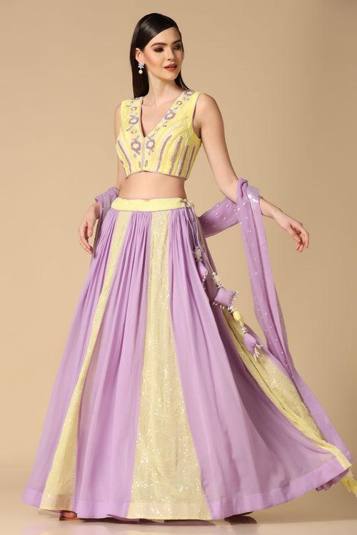 Lilac & Yellow Embroidered Lehenga Set