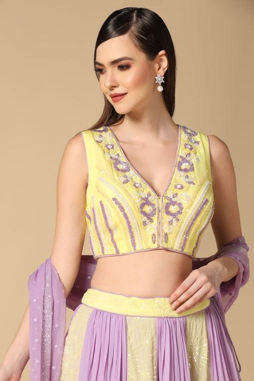 Lilac & Yellow Embroidered Lehenga Set