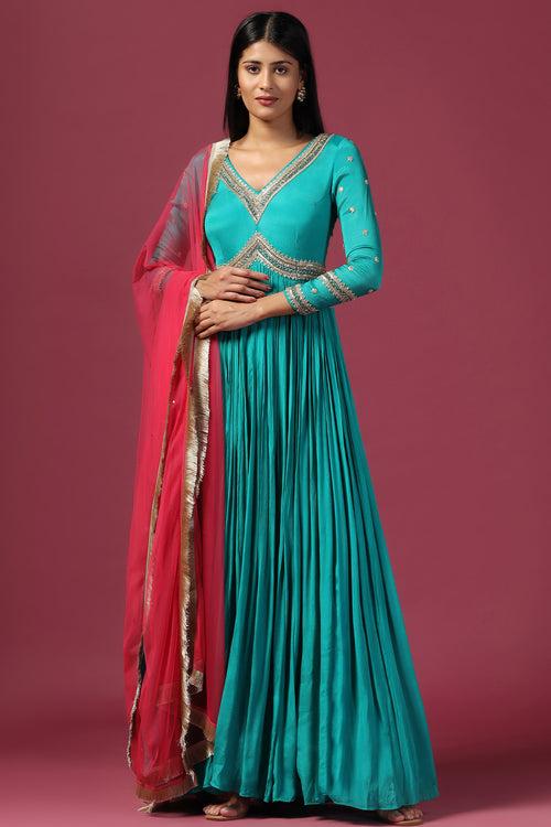 TEAL BLUE ANARKALI WITH PINK DUPATTA