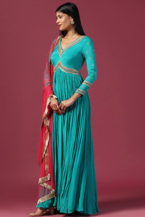 TEAL BLUE ANARKALI WITH PINK DUPATTA