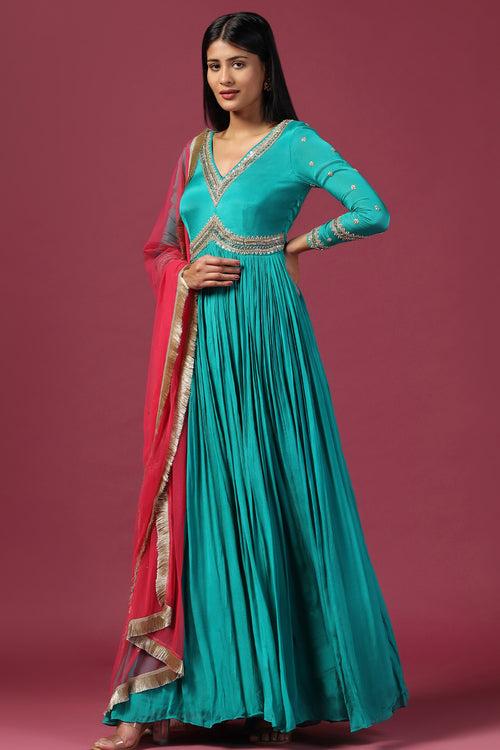 TEAL BLUE ANARKALI WITH PINK DUPATTA