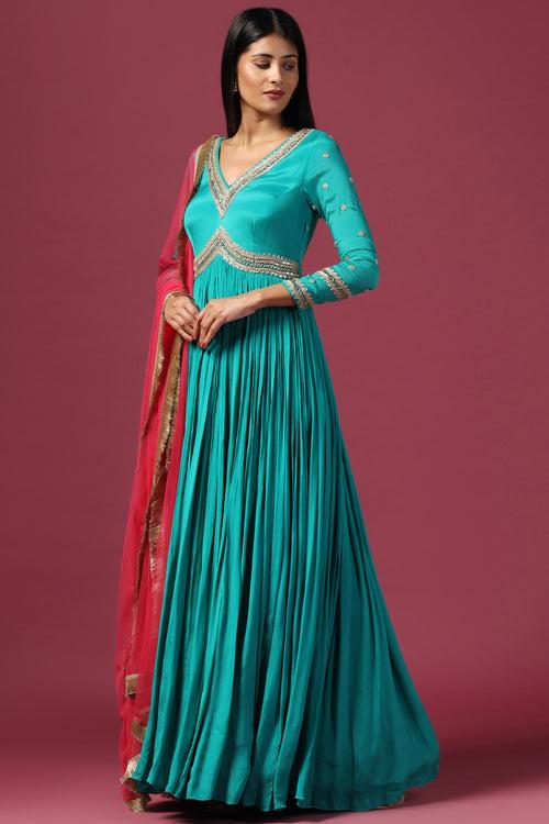 TEAL BLUE ANARKALI WITH PINK DUPATTA